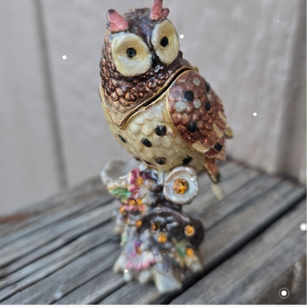 Fitz & Floyd Mini Owl Hinged Trinket Box Jeweled Enamel Rhinestone 3”